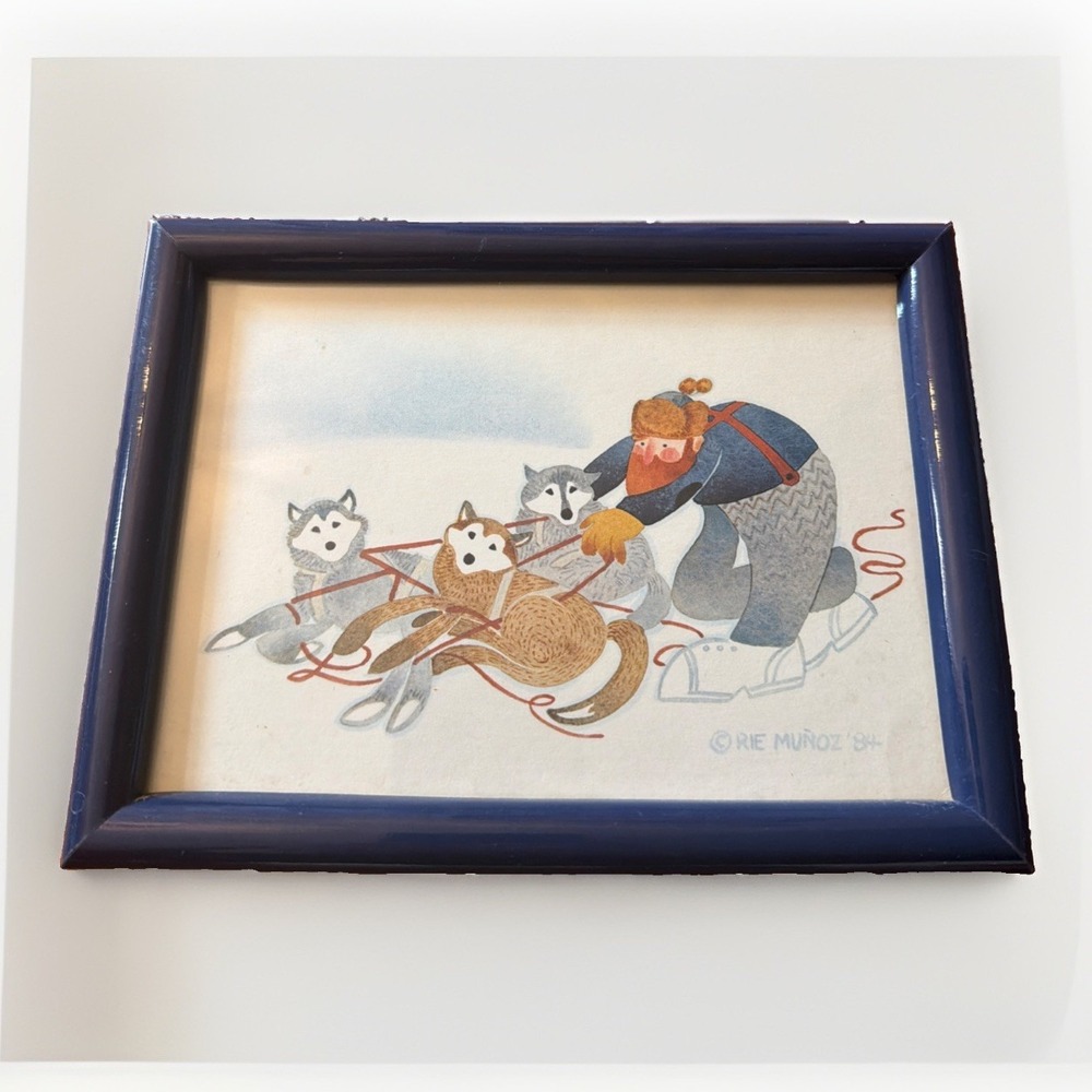 Rie Munoz 1984 TANGLED TRACES Sled Dogs Man Framed Matted 6 5/8"x4 3/4" Visible